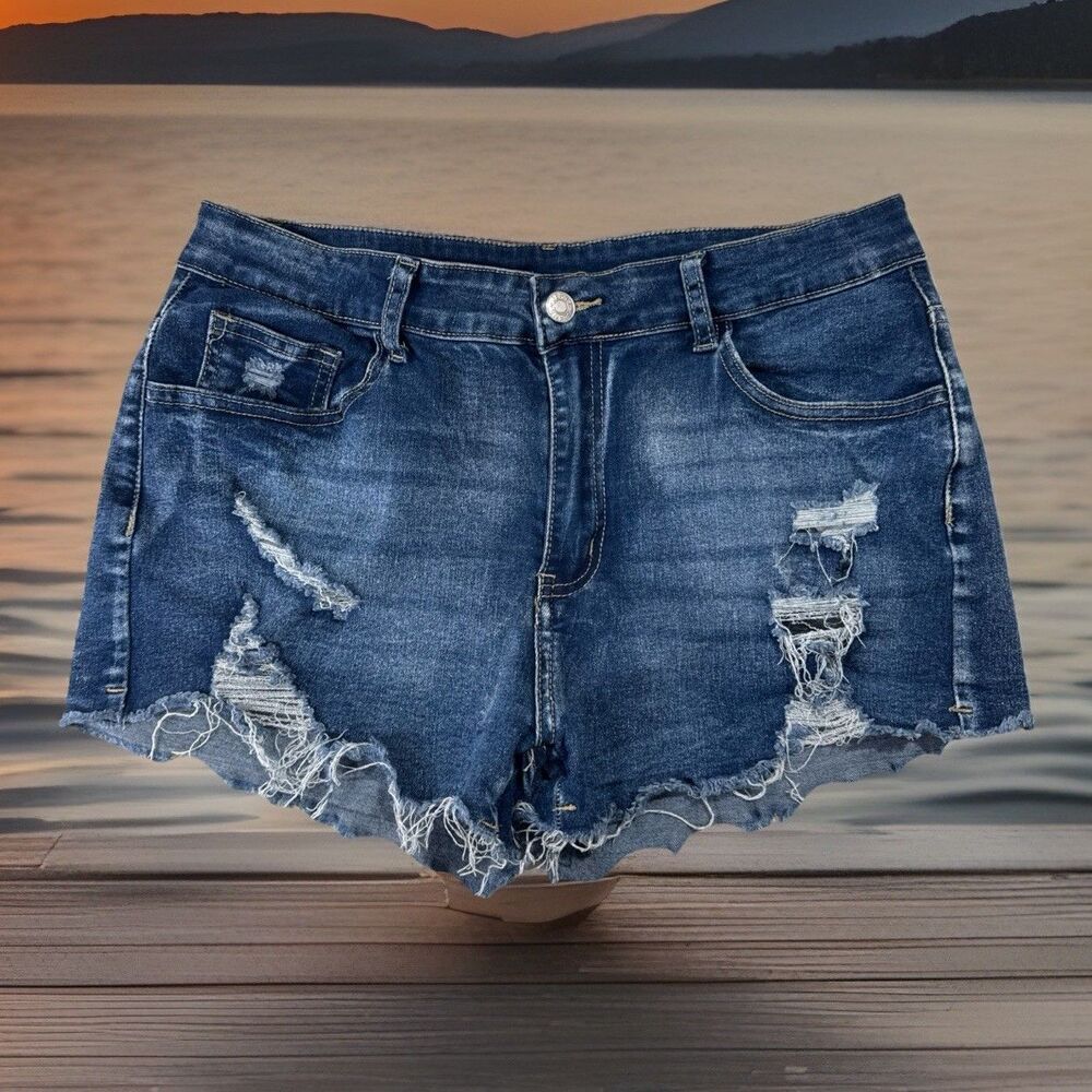 Shein Denim Shorts L (W30 Inseam 2) Blue Distressed Raw Hem Stretch Womens